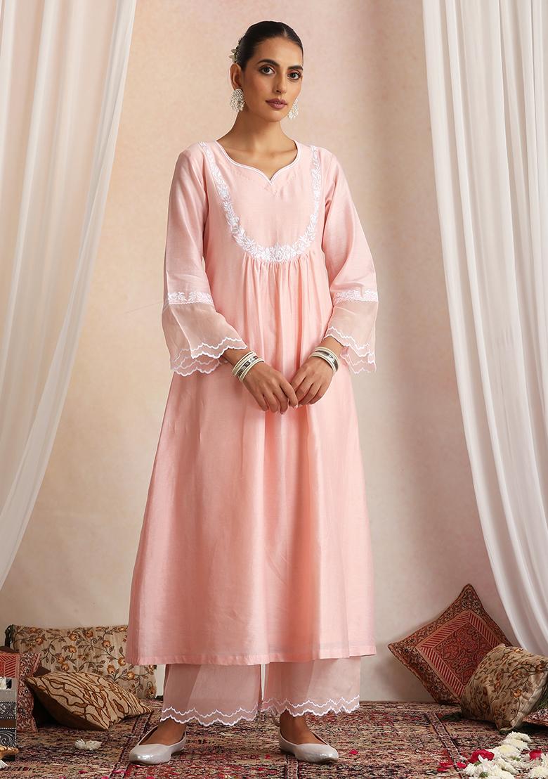 Peach Hand Embroidery Chanderi Kurta Set With Dupatta - Indya