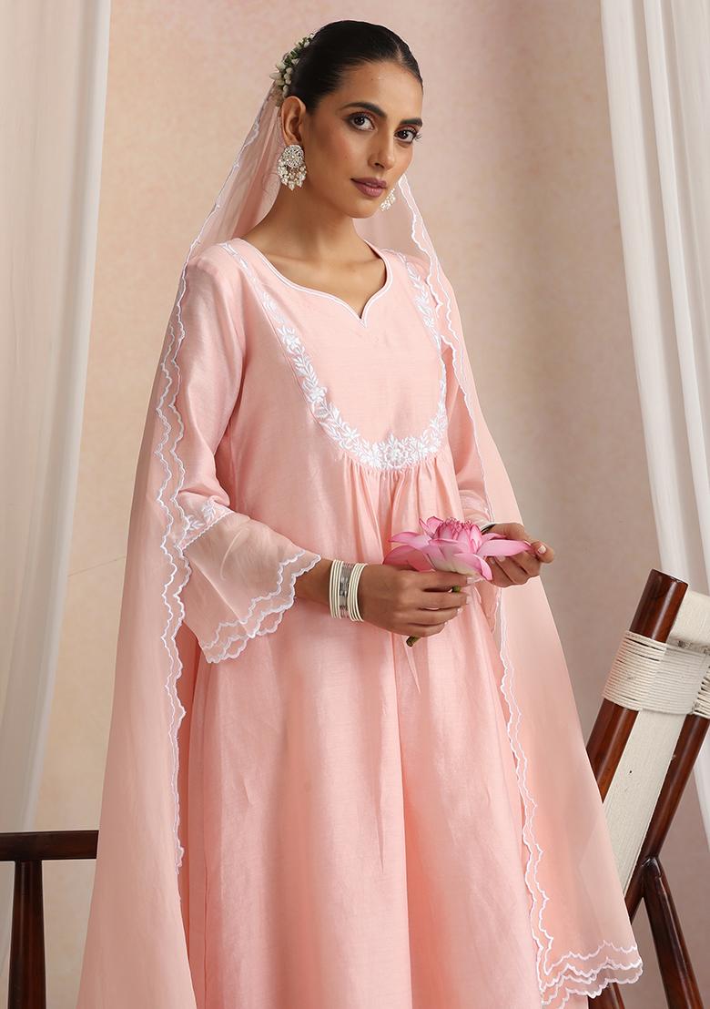 Peach Hand Embroidery Chanderi Kurta Set With Dupatta - Indya