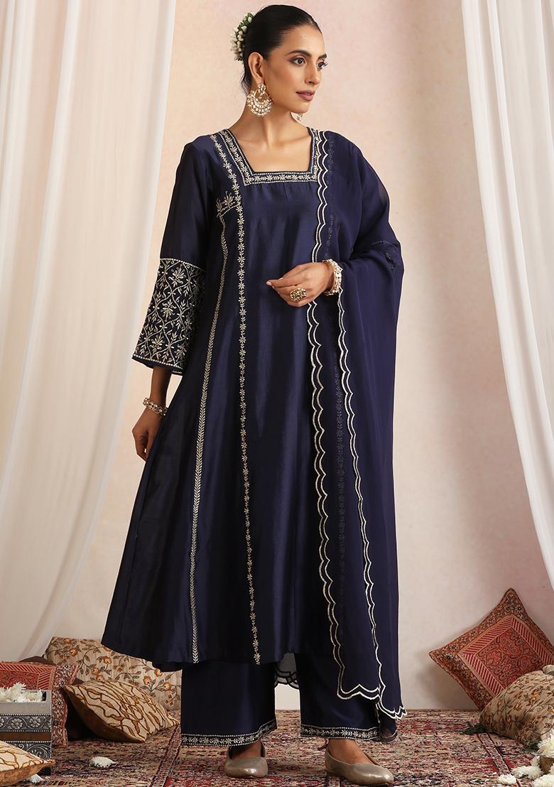 Navy Blue Hand Embroidery Chanderi Kurta Set With Dupatta - Indya
