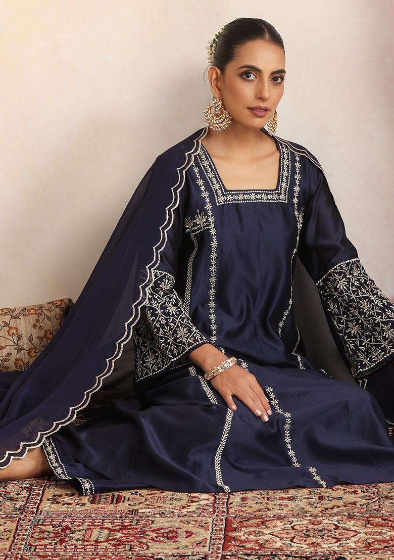 Navy Blue Hand Embroidery Chanderi Kurta Set With Dupatta - Indya