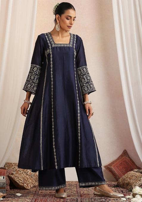 Navy Blue Hand Embroidery Chanderi Kurta Set With Dupatta