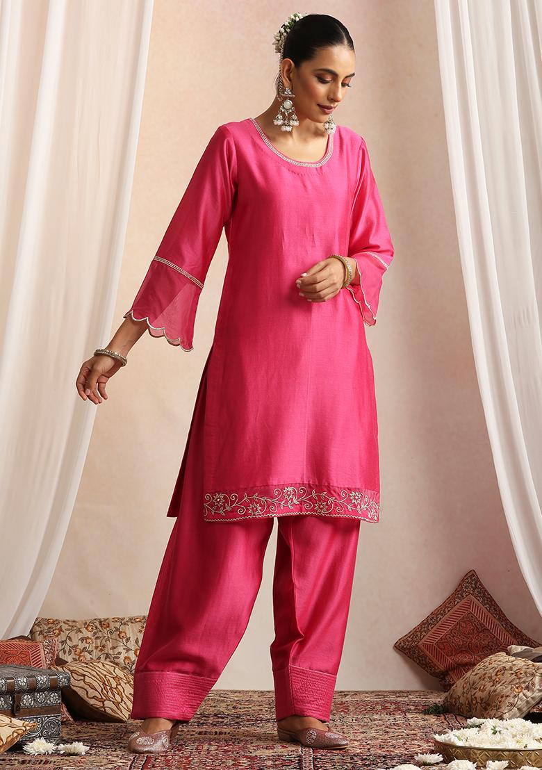 Magenta Hand Embroidery Chanderi Kurta Set With Dupatta - Indya