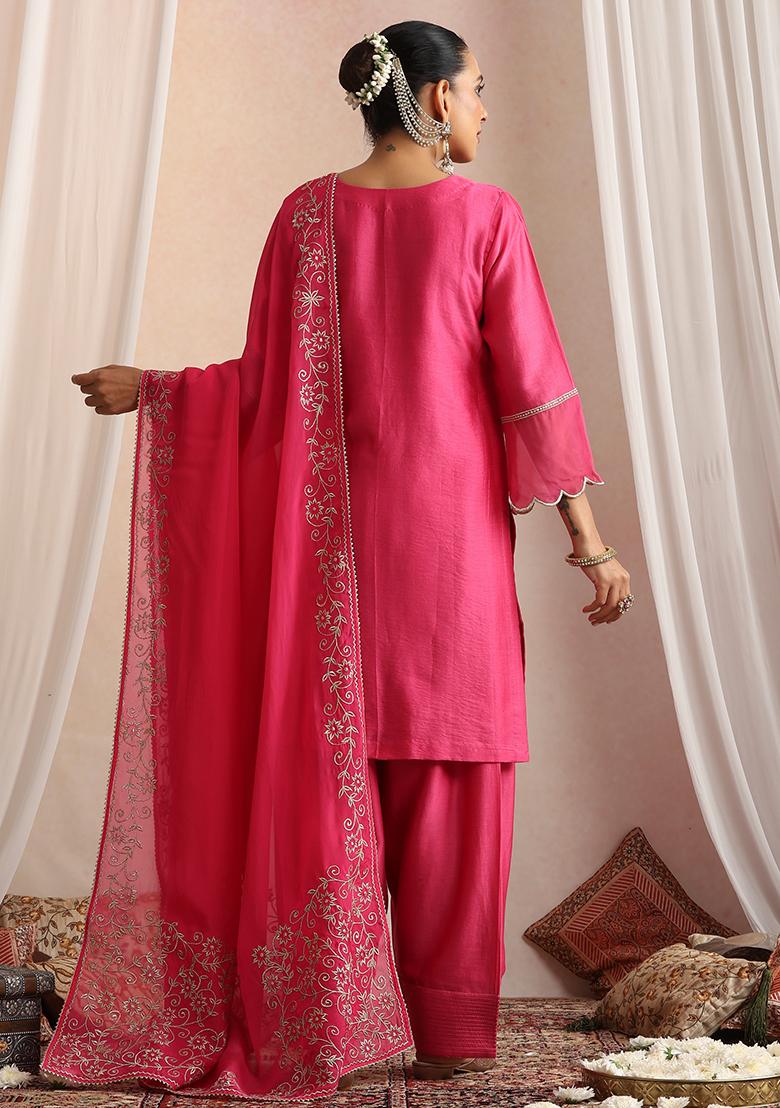 Magenta Hand Embroidery Chanderi Kurta Set With Dupatta - Indya