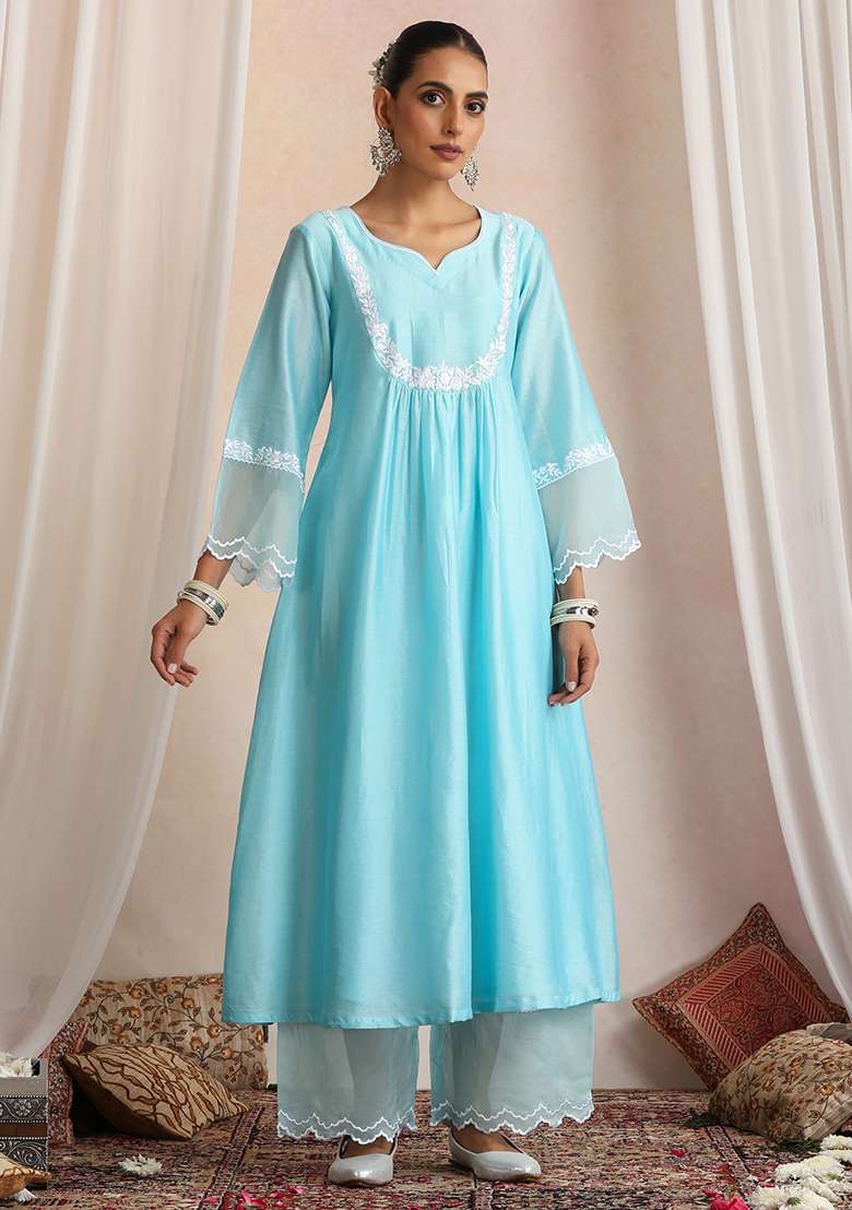 Pastel Blue Embroidered Chanderi A Line Kurta Set - Indya