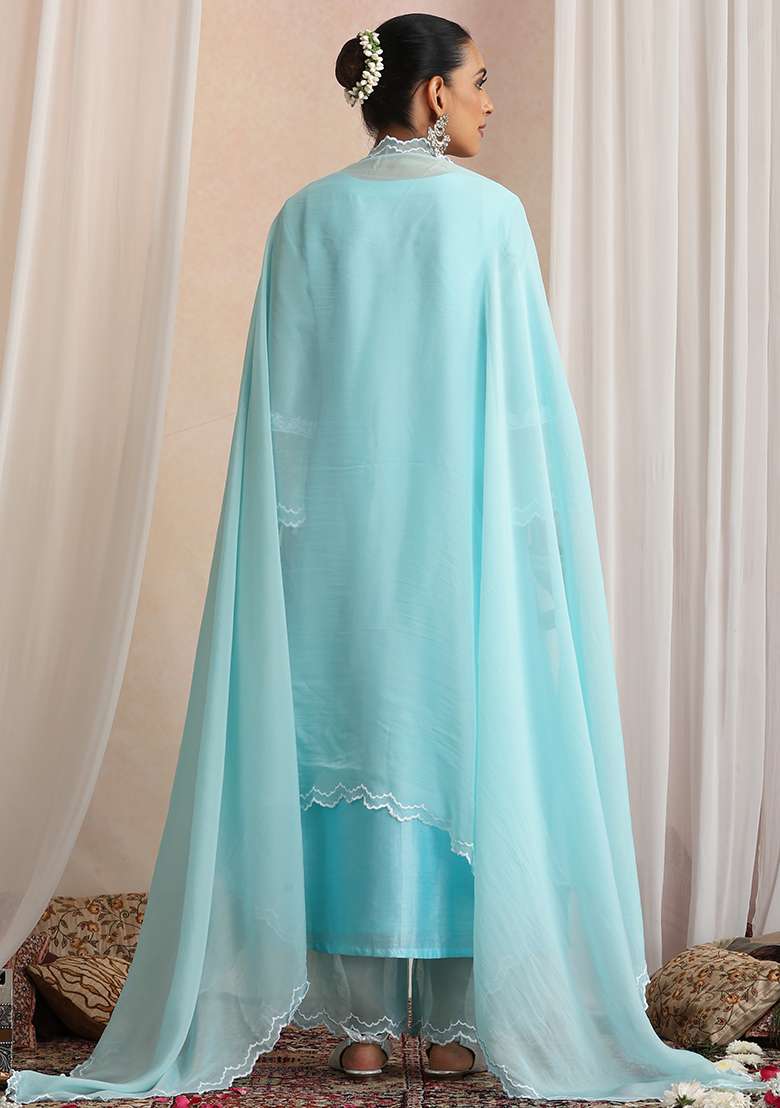 Pastel Blue Embroidered Chanderi A Line Kurta Set - Indya