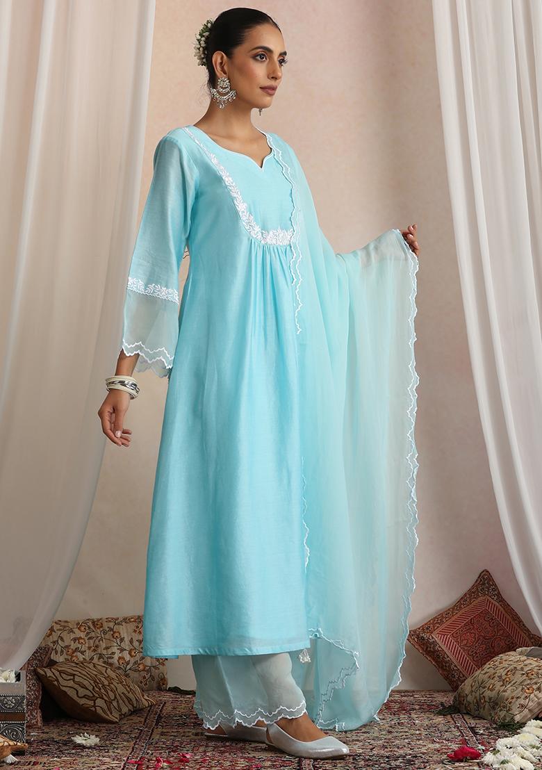 Pastel Blue Hand Embroidery Chanderi Kurta Set With Dupatta - Indya