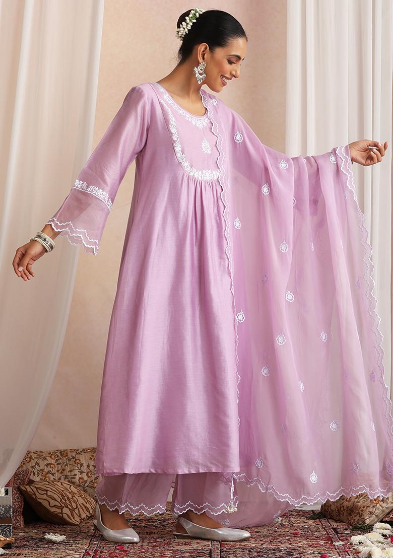 Lavender Hand Embroidery Chanderi Kurta Set With Dupatta - Indya