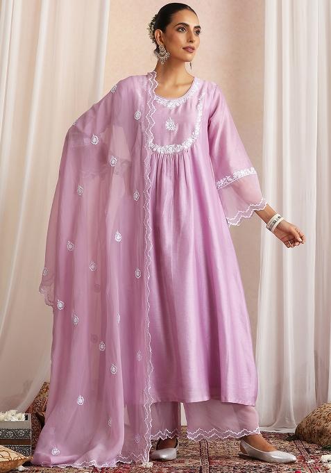 Lavender Hand Embroidery Chanderi Kurta Set With Dupatta