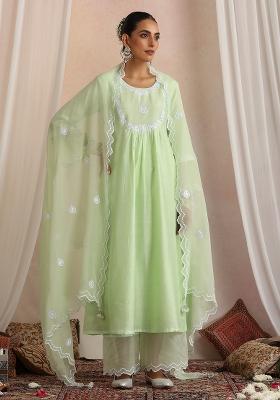 Pastel Green Hand Embroidery Chanderi Co Ord Set