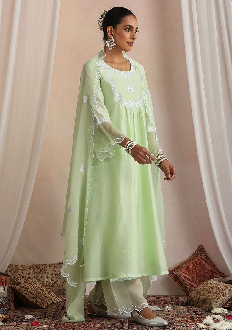 Pastel Green Embroidered Chanderi A Line Kurta Set - Indya