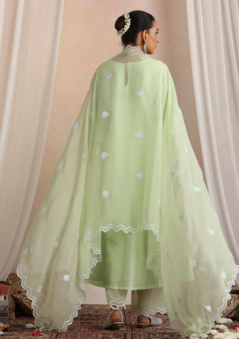 Pastel Green Hand Embroidery Chanderi Co Ord Set - Indya