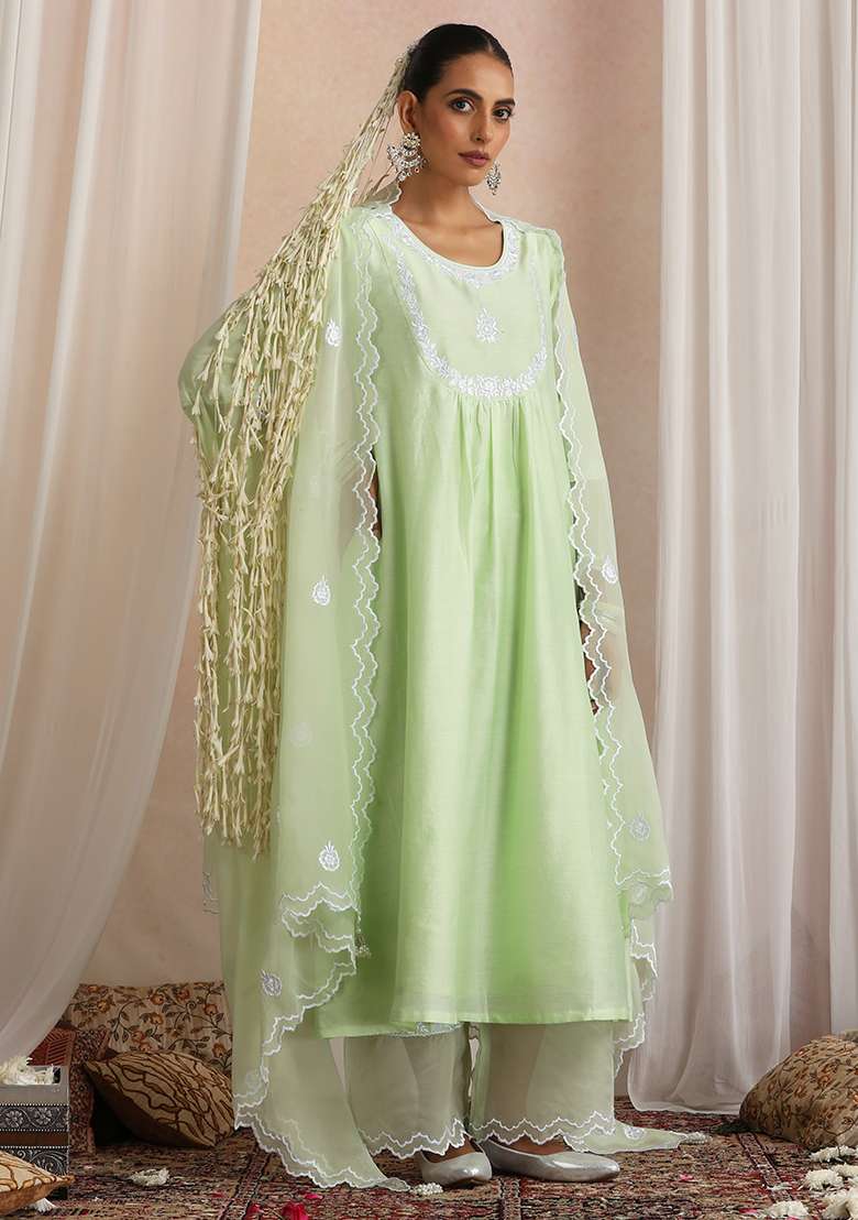 Pastel Green Embroidered Chanderi A Line Kurta Set - Indya