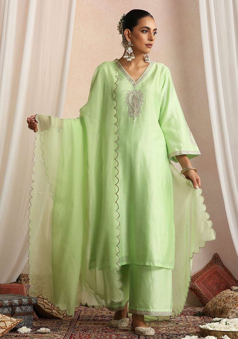 Pastel Green Embroidered Chanderi Straight Kurta Set - Indya