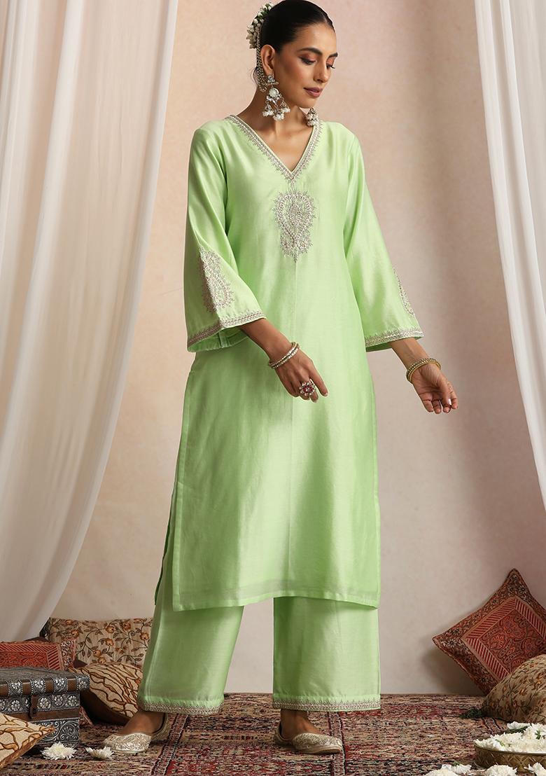 Pastel Green Hand Embroidery Chanderi Co Ord Set - Indya