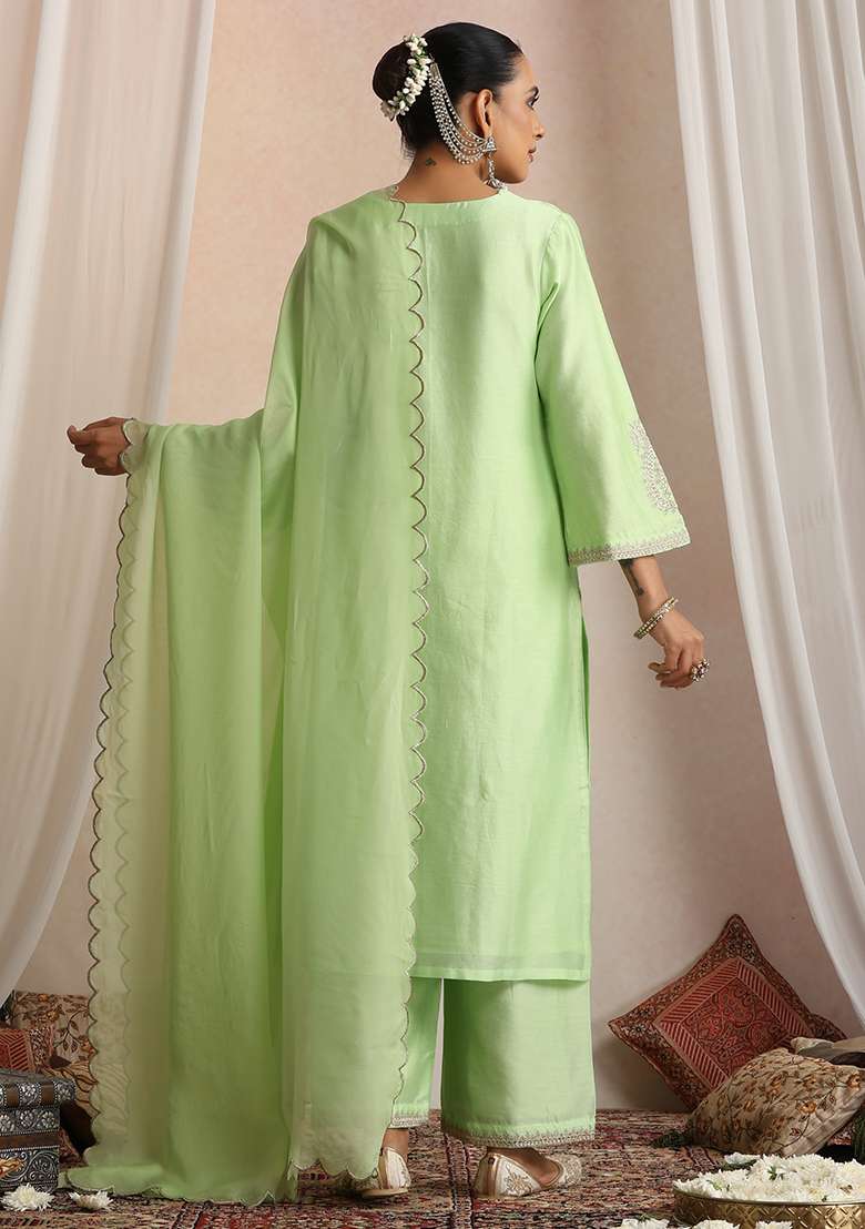 Pastel Green Embroidered Chanderi Straight Kurta Set - Indya