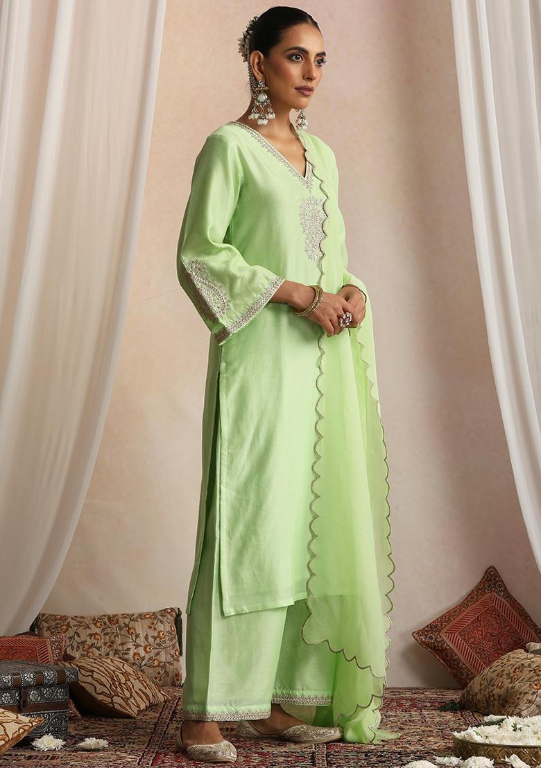 Pastel Green Hand Embroidery Chanderi Co Ord Set - Indya