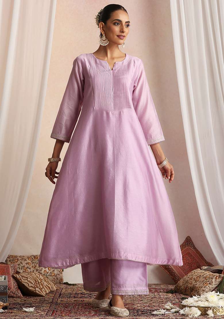 Lavender Solid Chanderi A Line Kurta Set - Indya