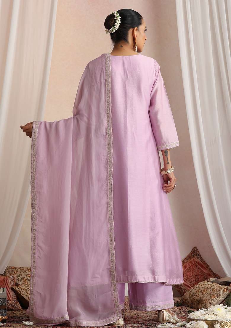 Lavender Solid Chanderi A Line Kurta Set - Indya