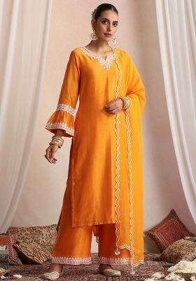 Orange Hand Embroidery Chanderi Kurta Set With Dupatta