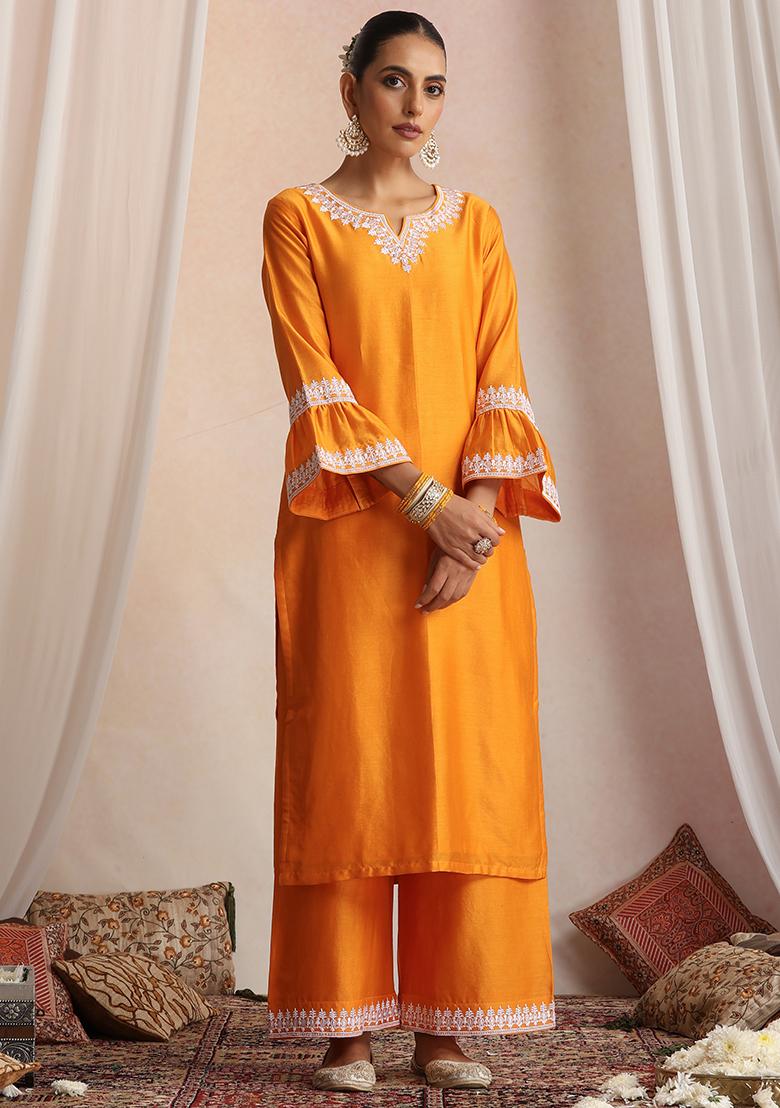 Orange Hand Embroidery Chanderi Kurta Set With Dupatta - Indya