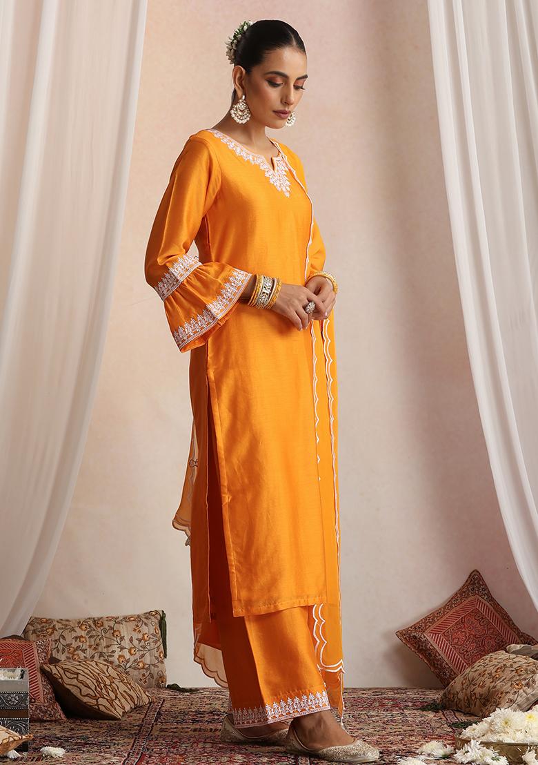 Orange Hand Embroidery Chanderi Kurta Set With Dupatta - Indya