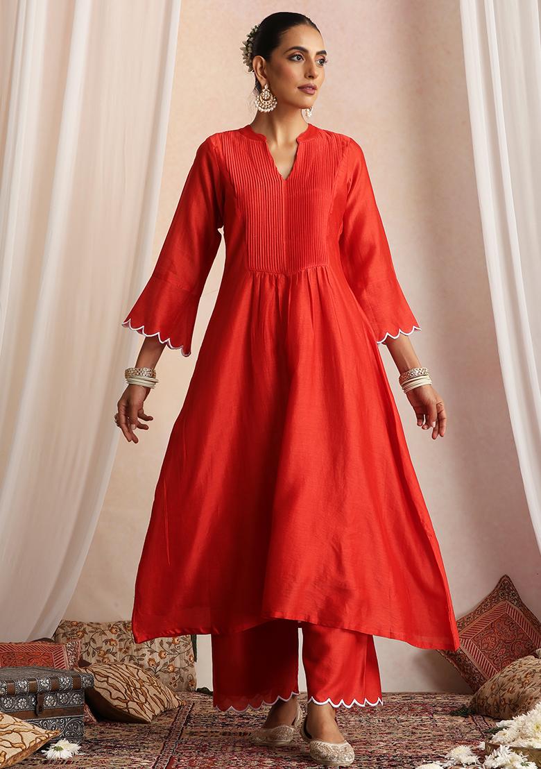Red Hand Embroidery Chanderi Kurta Set With Dupatta - Indya