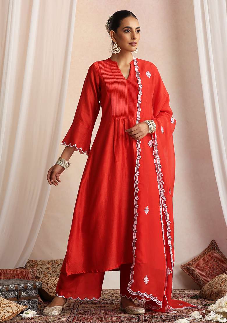 Red Embroidered Chanderi A Line Kurta Set - Indya