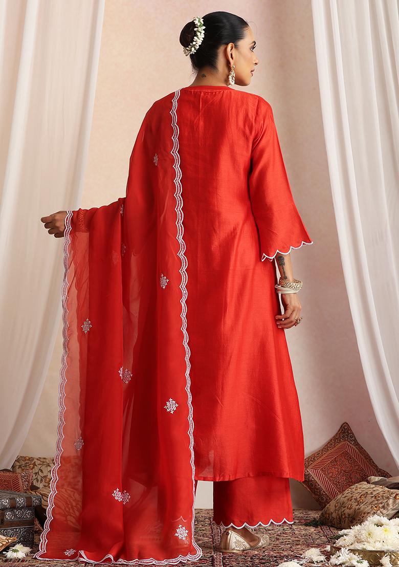 Red Hand Embroidery Chanderi Kurta Set With Dupatta - Indya