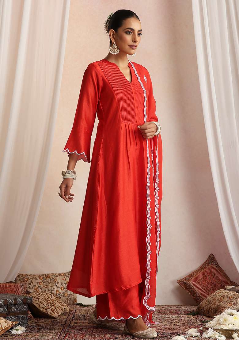 Red Embroidered Chanderi A Line Kurta Set - Indya