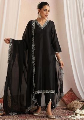 Black Hand Embroidery Chanderi Kurta Set With Dupatta