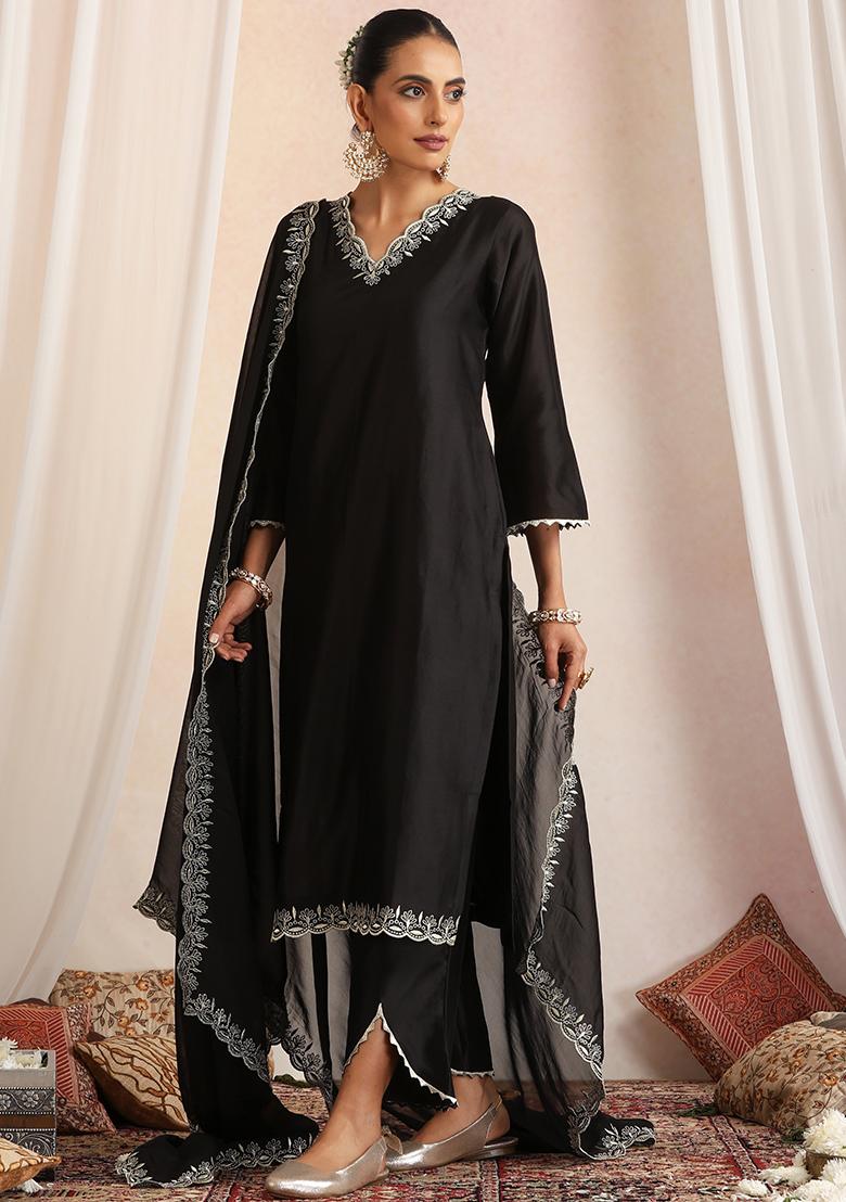 Black Hand Embroidery Chanderi Kurta Set With Dupatta - Indya