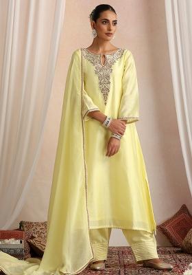 Pastel Yellow Hand Embroidery Chanderi Kurta Set With Dupatta