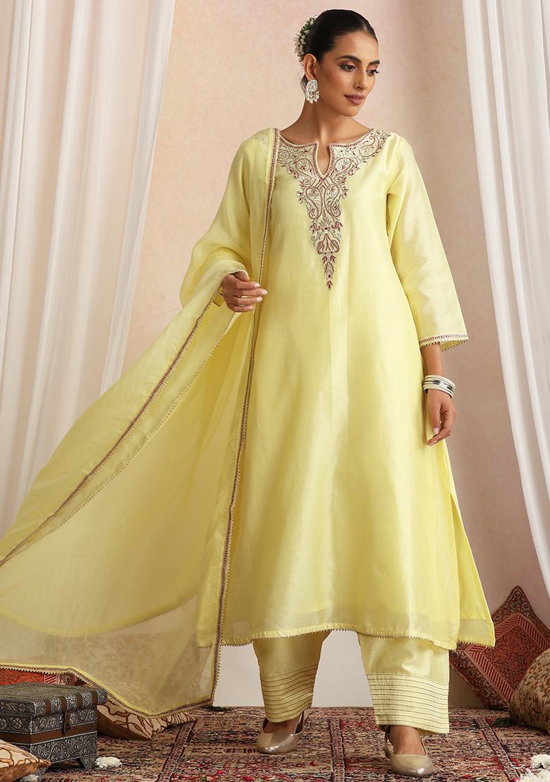 Pastel Yellow Hand Embroidery Chanderi Kurta Set With Dupatta - Indya