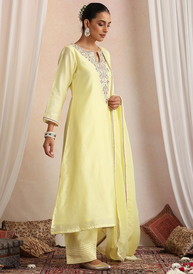 Pastel Yellow Hand Embroidery Chanderi Kurta Set With Dupatta - Indya