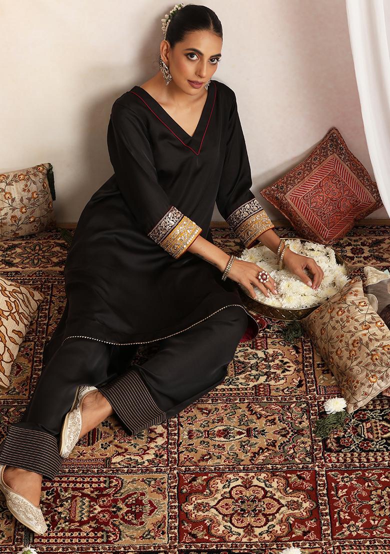 Black Hand Embroidery Silk Kurta Set With Dupatta - Indya