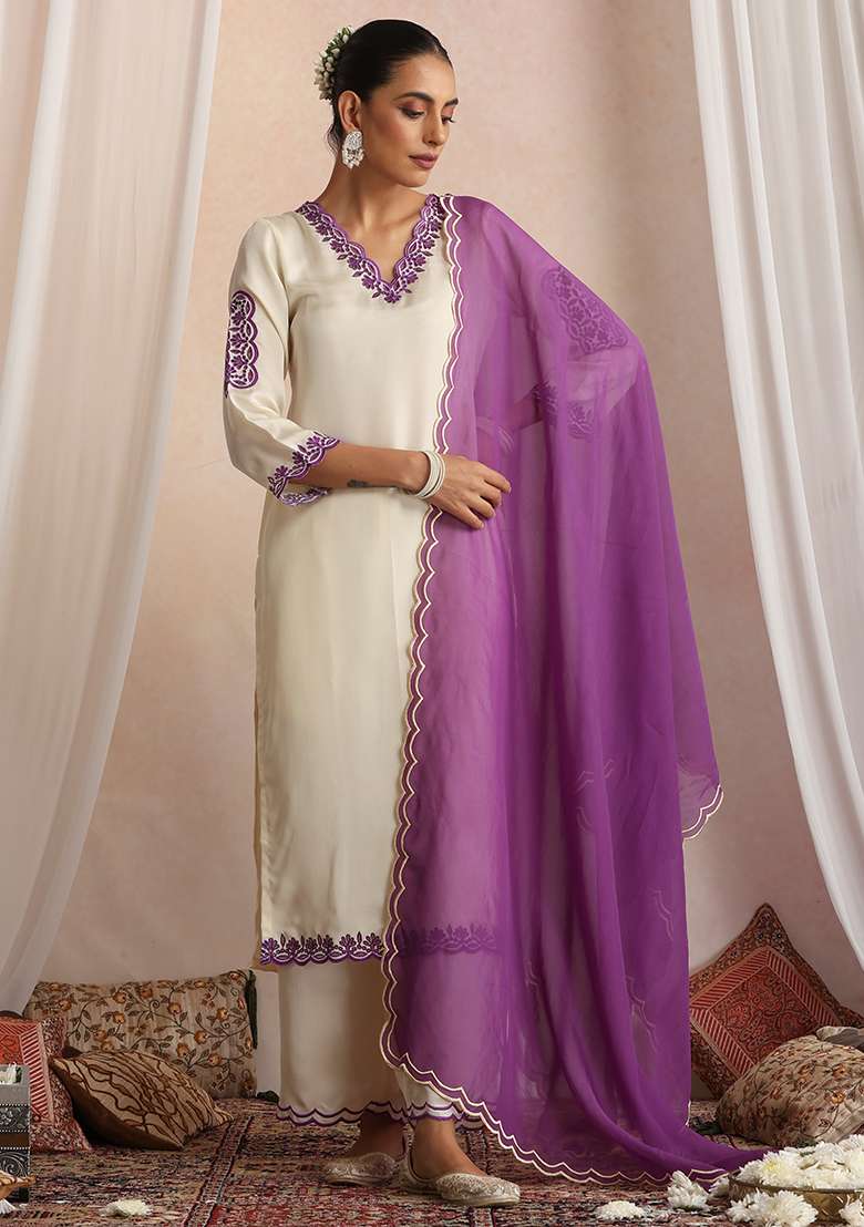 Purple Embroidered Silk Blend Straight Kurta Set - Indya