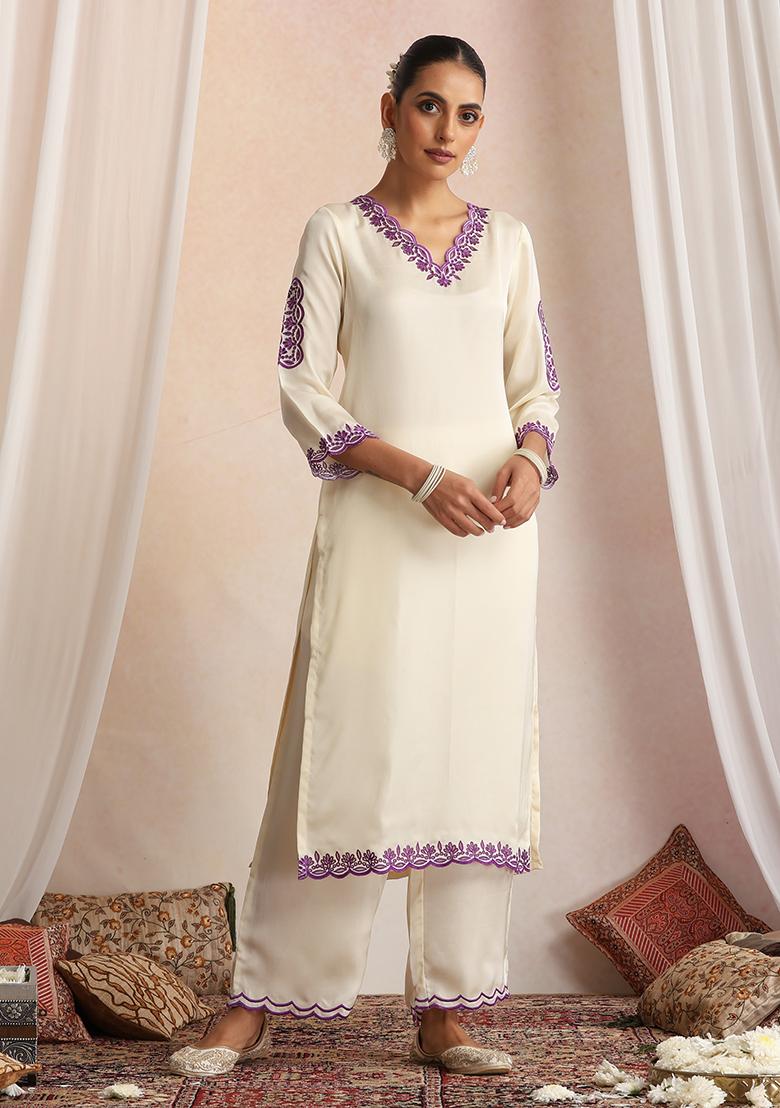 Purple Hand Embroidery Silk Kurta Set With Dupatta - Indya