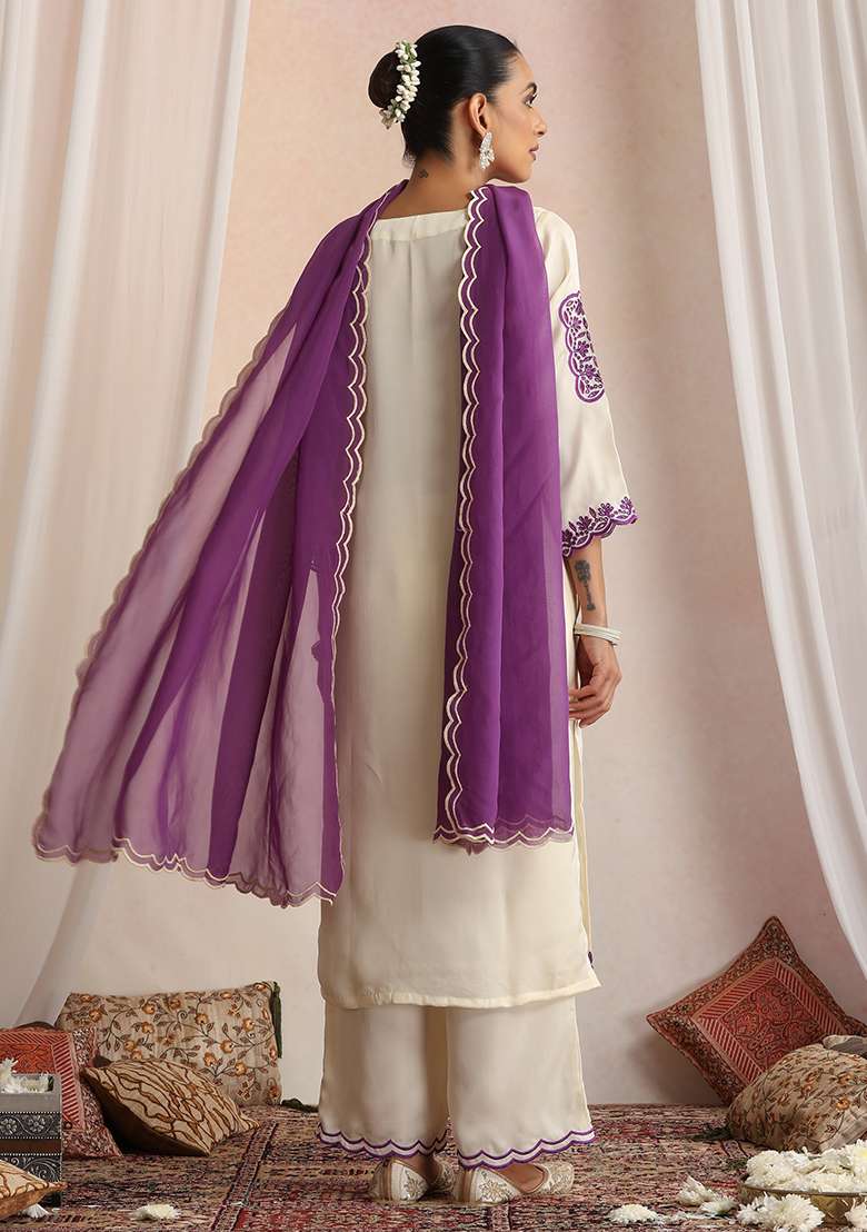 Purple Embroidered Silk Blend Straight Kurta Set - Indya