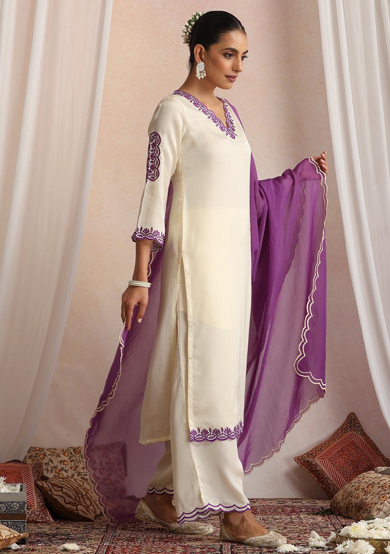 Purple Hand Embroidery Silk Kurta Set With Dupatta - Indya