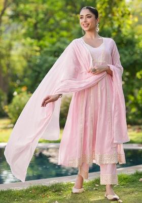 Pink Embroidered Cotton Mulmul Anarkali Set With Dupatta