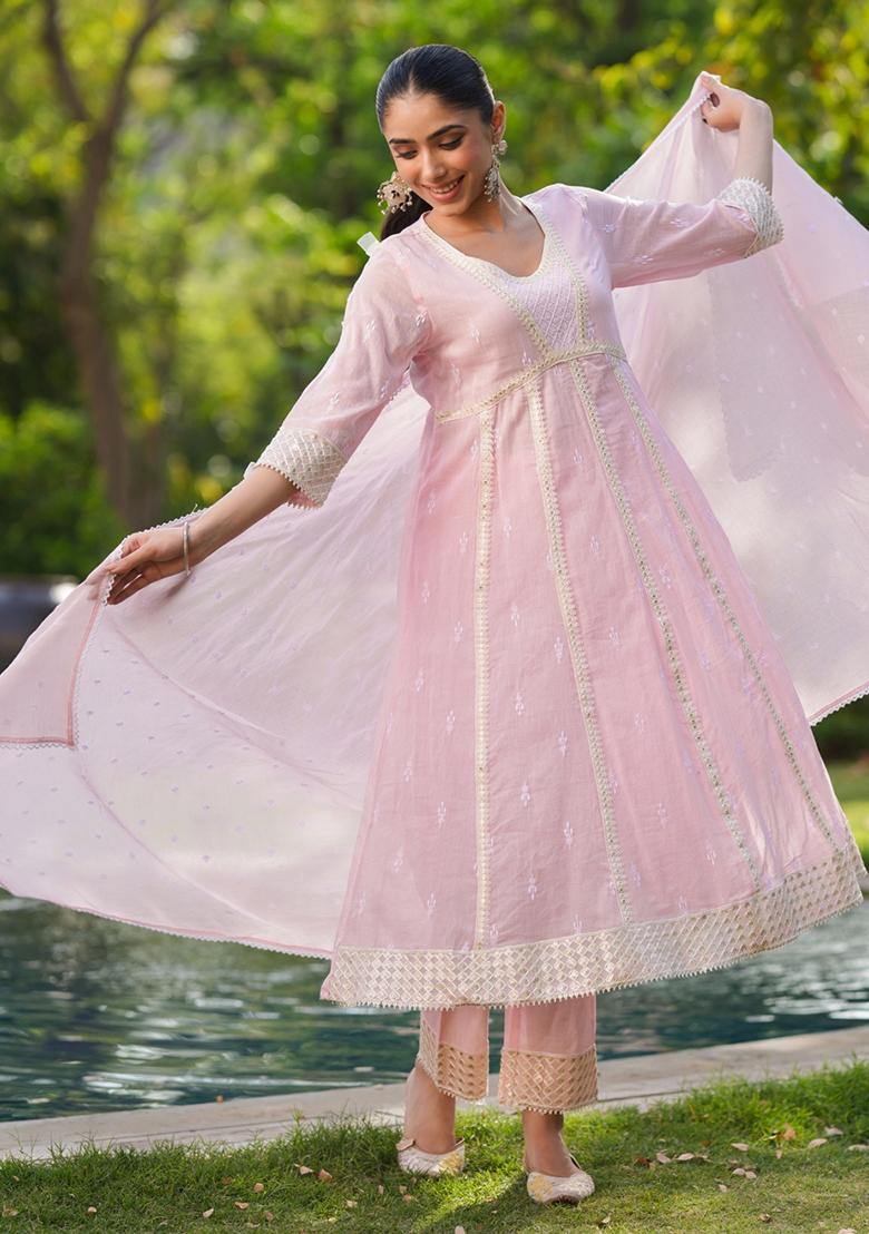Pink Embroidered Cotton Mulmul Anarkali Set With Dupatta - Indya