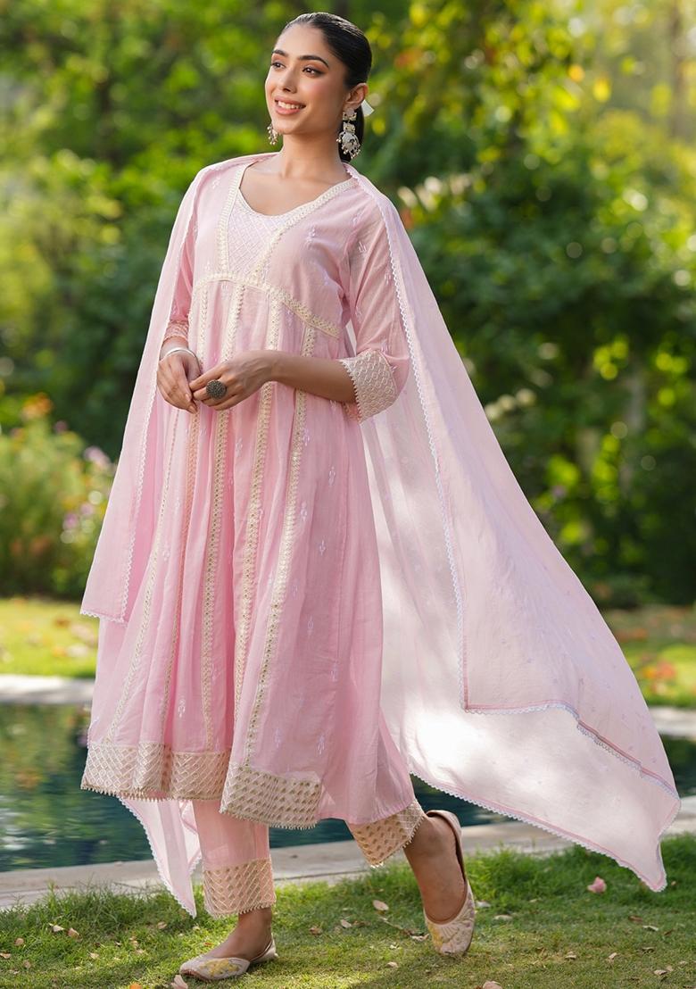 Pink Embroidered Cotton Mulmul Anarkali Set With Dupatta - Indya