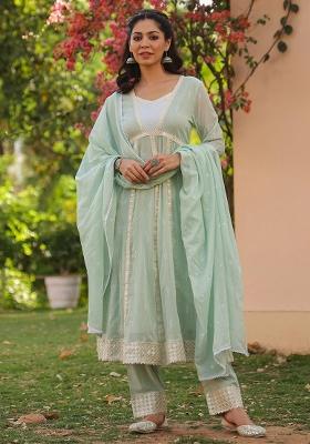 Pista Green Embroidered Cotton Mulmul Anarkali Set With Dupatta