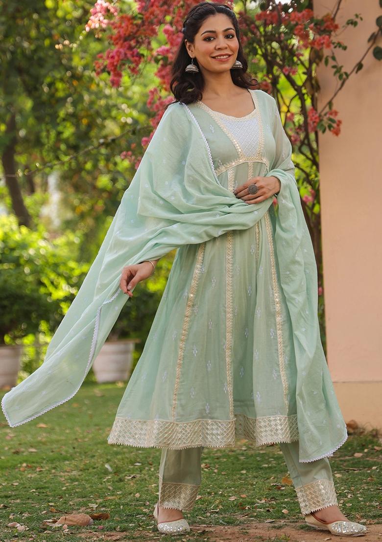 Pista Green Embroidered Cotton Mulmul Anarkali Set With Dupatta - Indya
