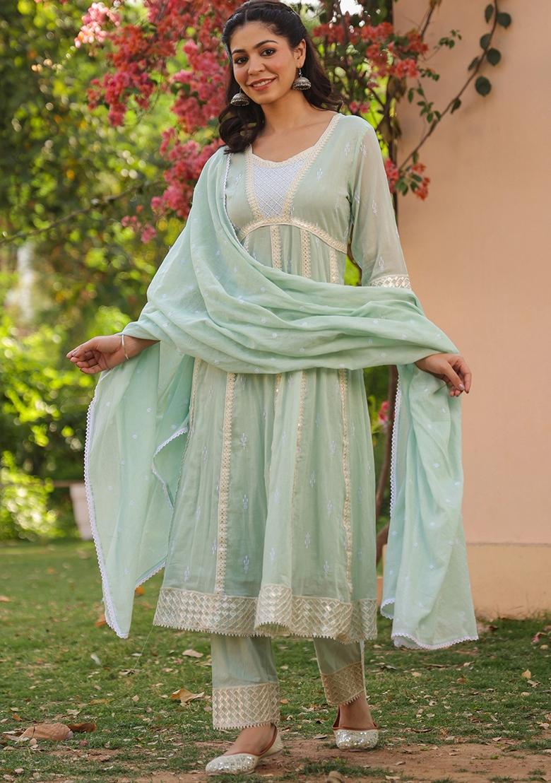 Pista Green Embroidered Cotton Mulmul Anarkali Set With Dupatta - Indya
