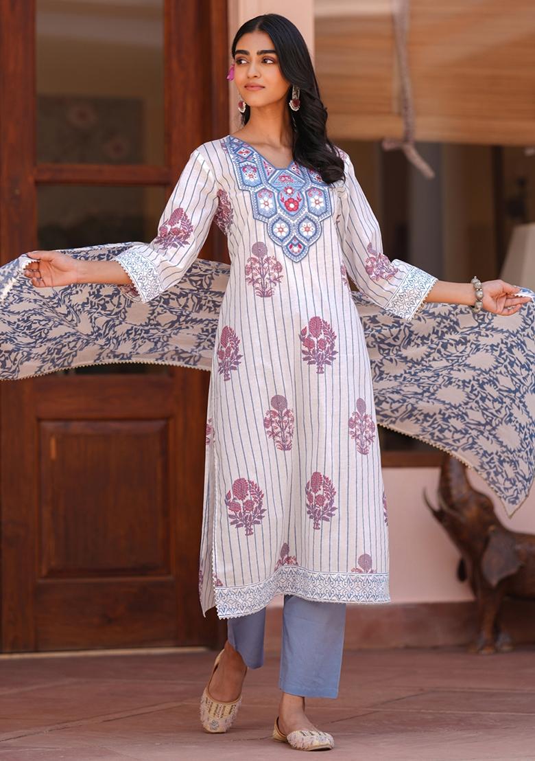 Blue Embroidered Cotton Cambric Straight Kurta Set - Indya