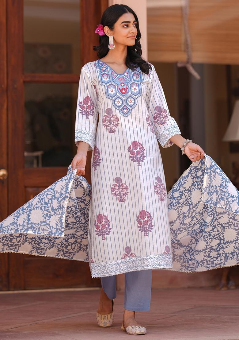 Blue Embroidered Cotton Cambric Straight Kurta Set - Indya
