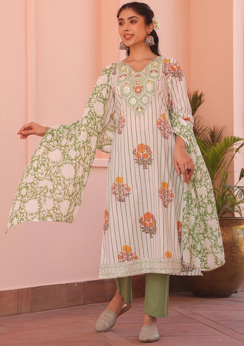 Green Embroidered Cotton Cambric Straight Kurta Set - Indya