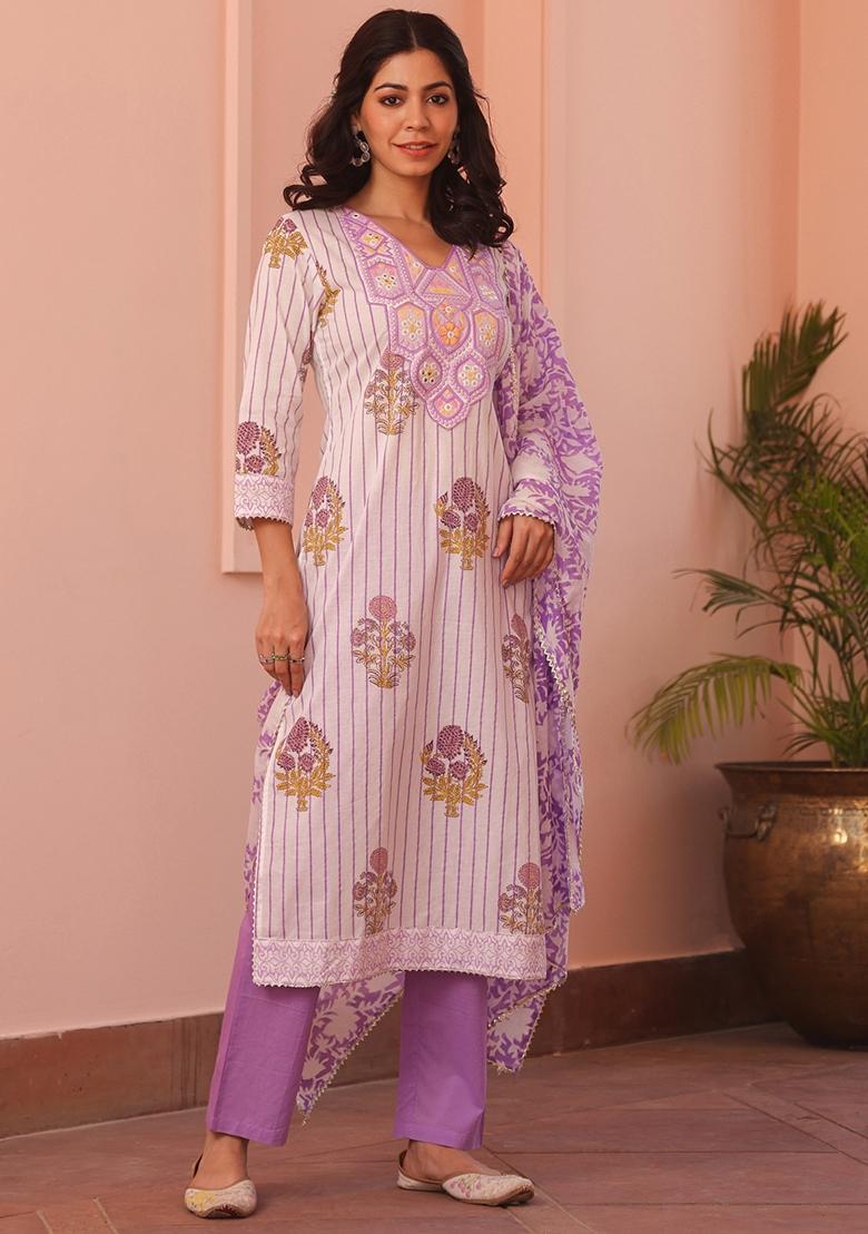 Lavender Embroidered Cotton Cambric Straight Kurta Set - Indya