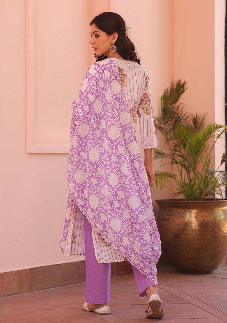 Lavender Embroidered Cotton Cambric Straight Kurta Set - Indya